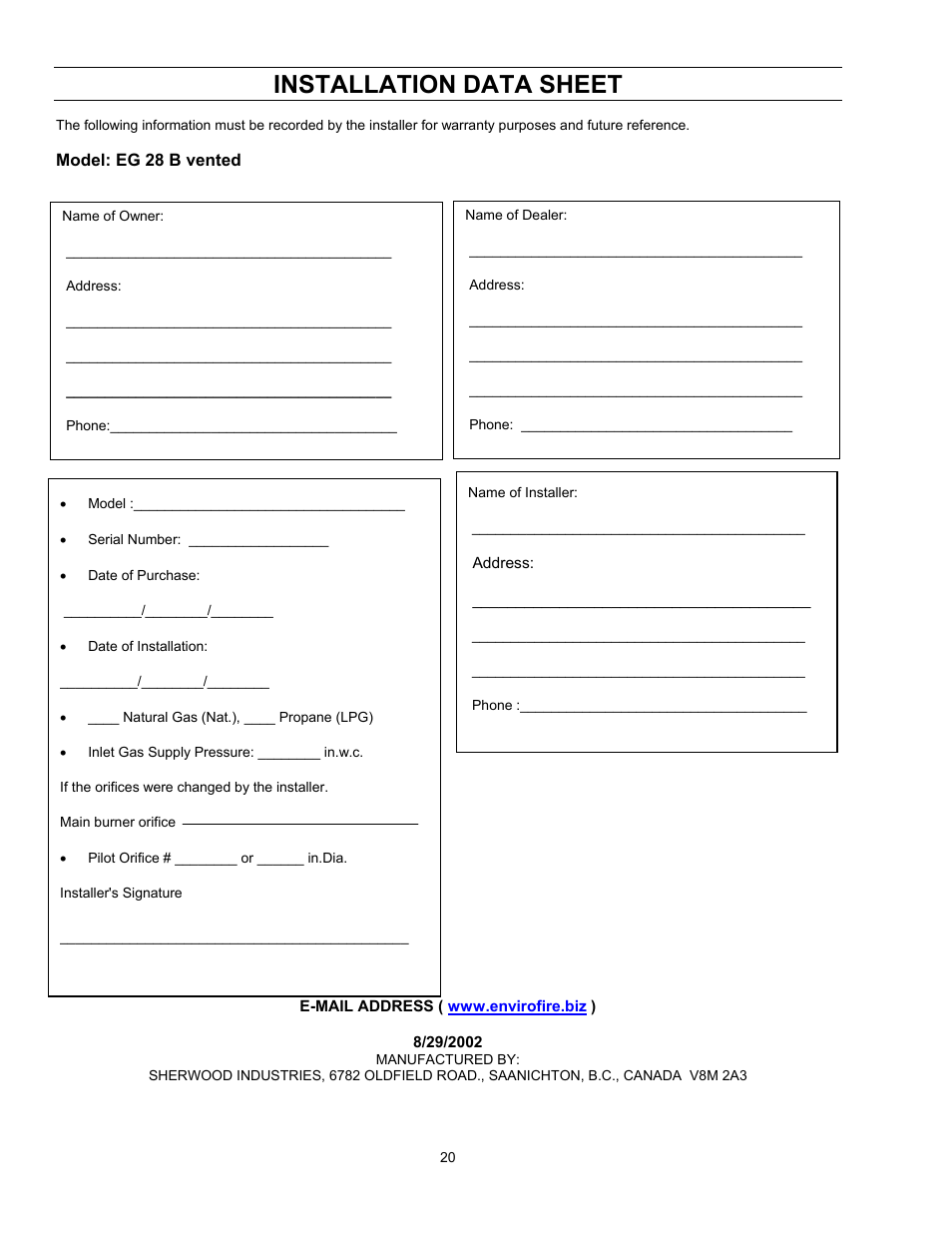 Model: eg 28 b vented, Installation data sheet | Enviro Vented EG 28 B User Manual | Page 20 / 20