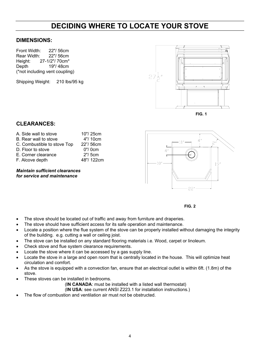 Dimensions, Maintain sufficient clearances, Deciding where to locate your stove | Enviro Vented EG 28 B User Manual | Page 4 / 20