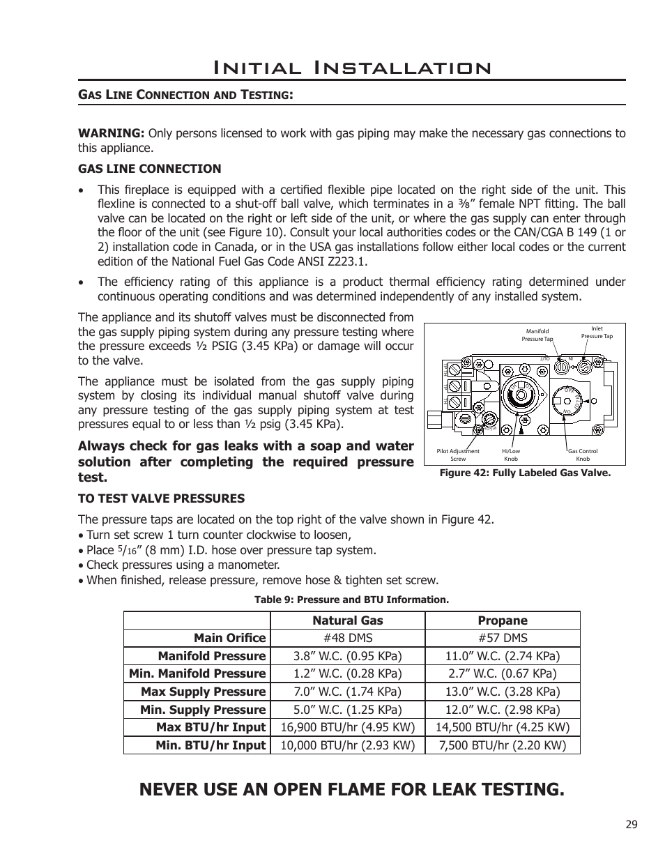 Initial installation, Never use an open flame for leak testing | Enviro Haven Direct Vent Fireplace User Manual | Page 29 / 41