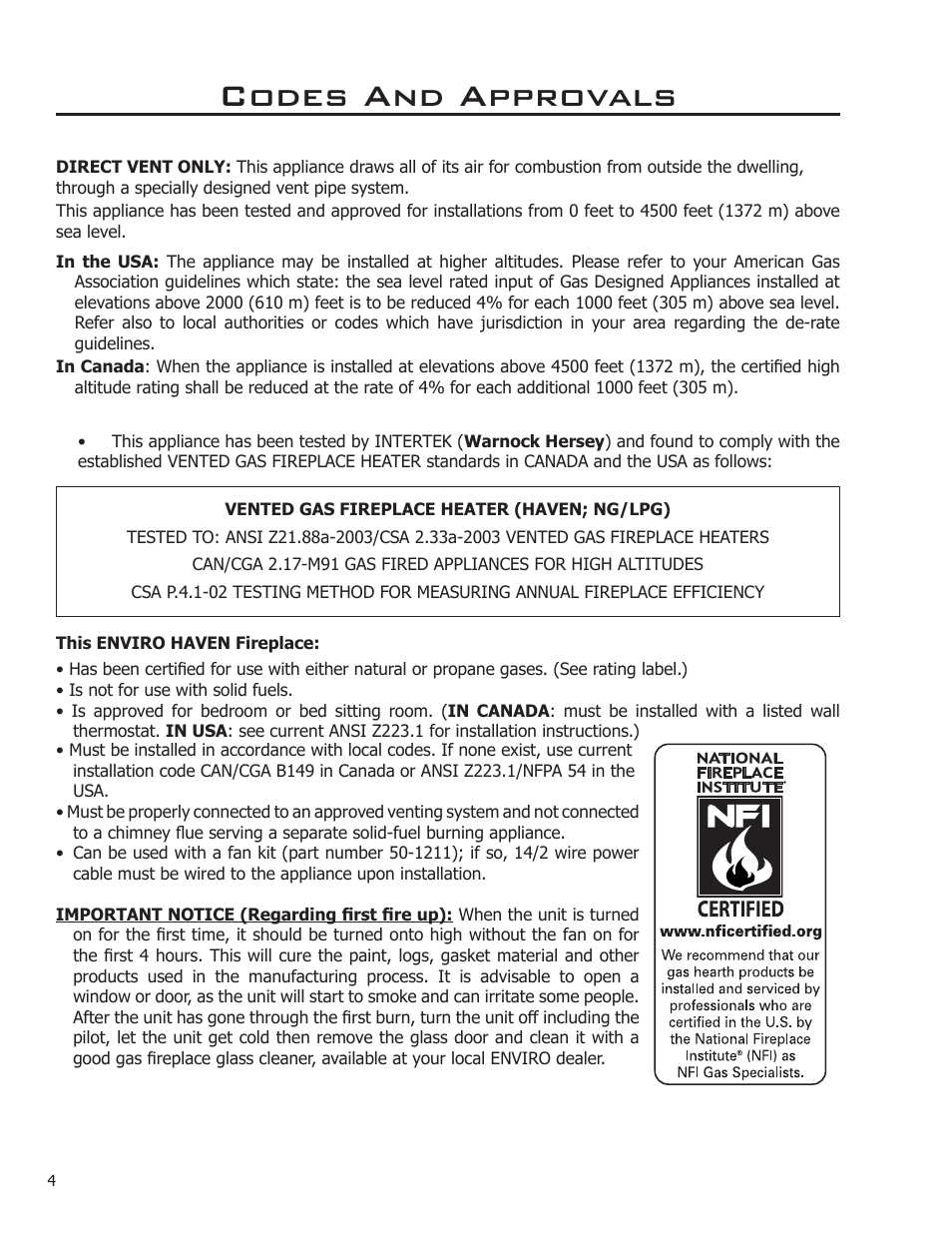 Codes and approvals | Enviro Haven Direct Vent Fireplace User Manual | Page 4 / 41