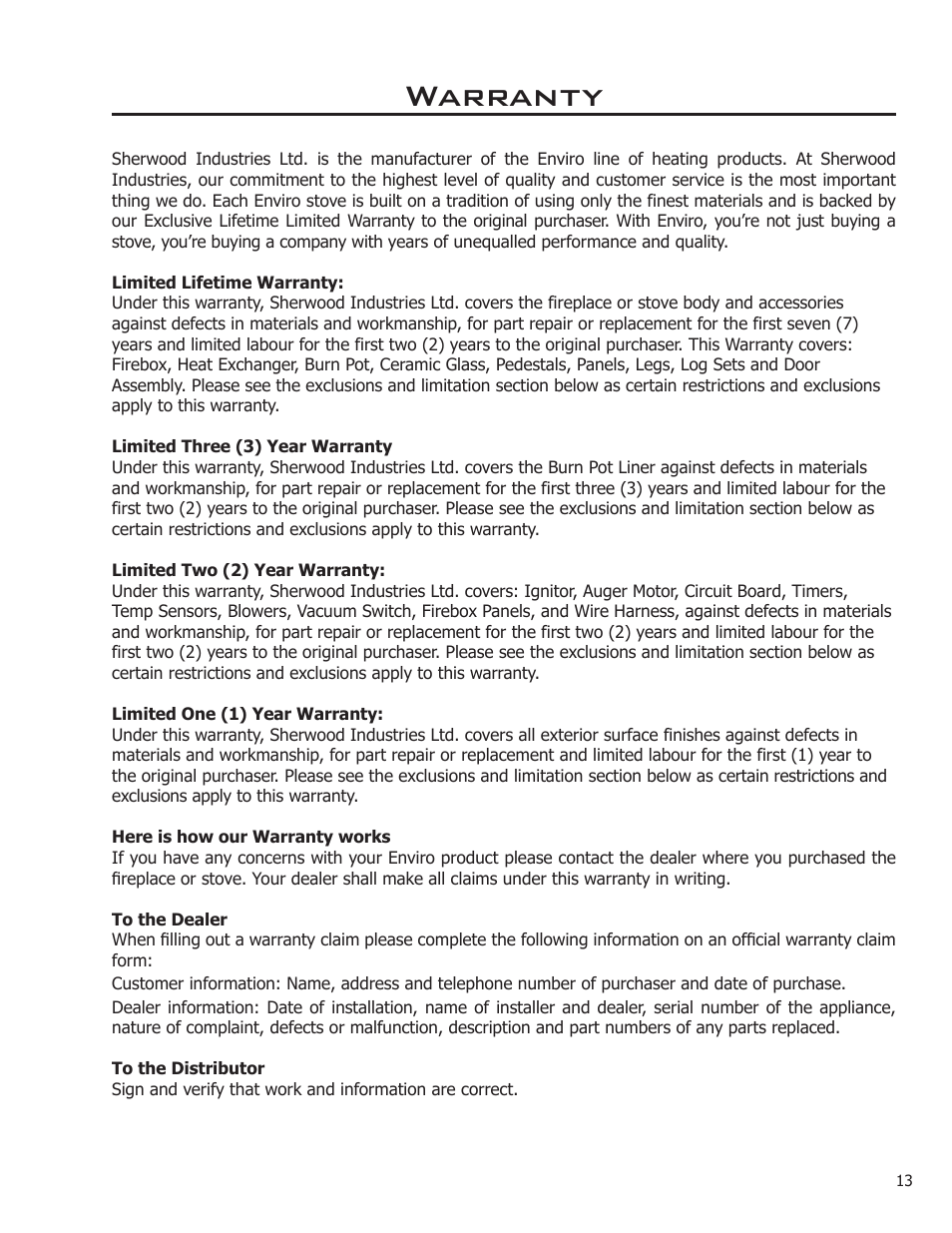 Warranty | Enviro Mini A User Manual | Page 13 / 16