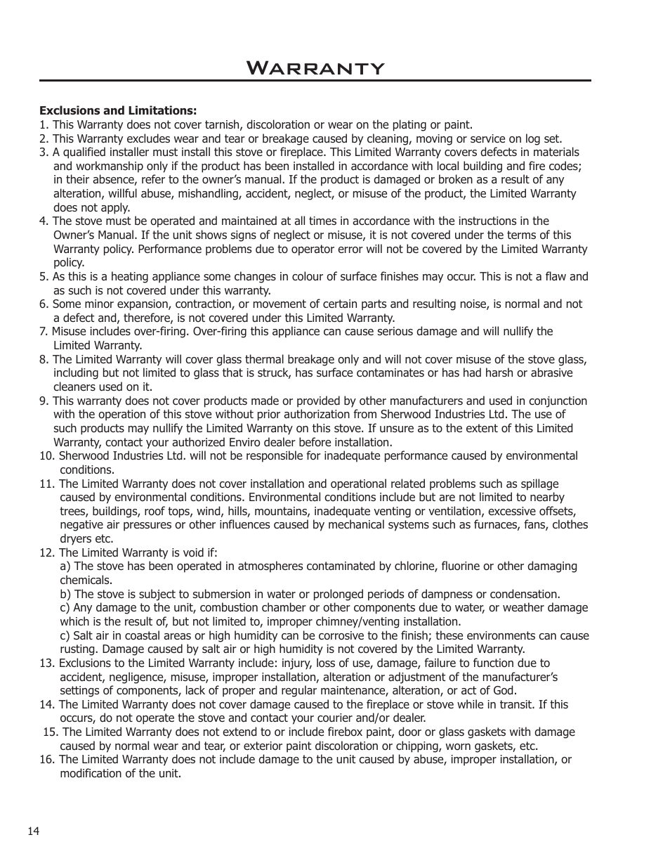 Warranty | Enviro Mini A User Manual | Page 14 / 16