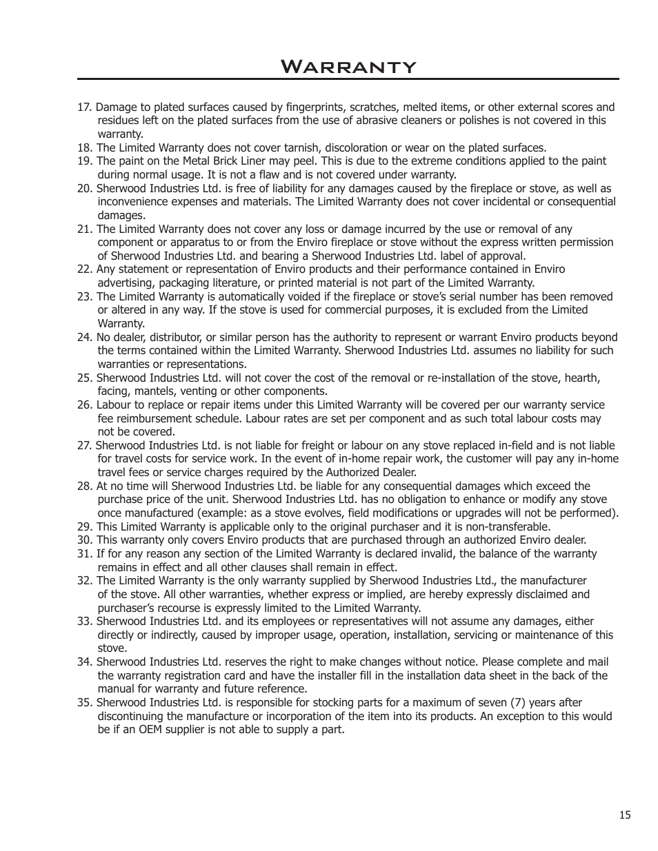 Warranty | Enviro Mini A User Manual | Page 15 / 16