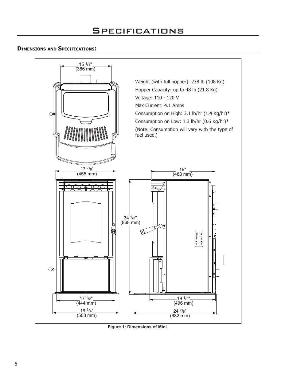 Specifications, Dimensions and specifications | Enviro Mini A User Manual | Page 6 / 16