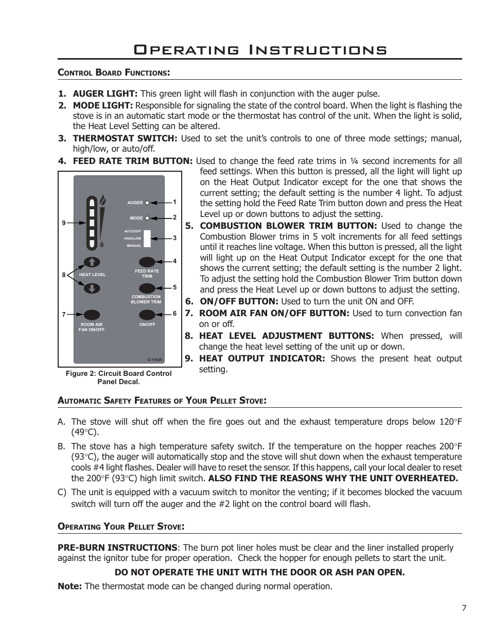 Operating instructions, Control board functions, Automatic safety features of your pellet stove | Enviro Mini A User Manual | Page 7 / 16