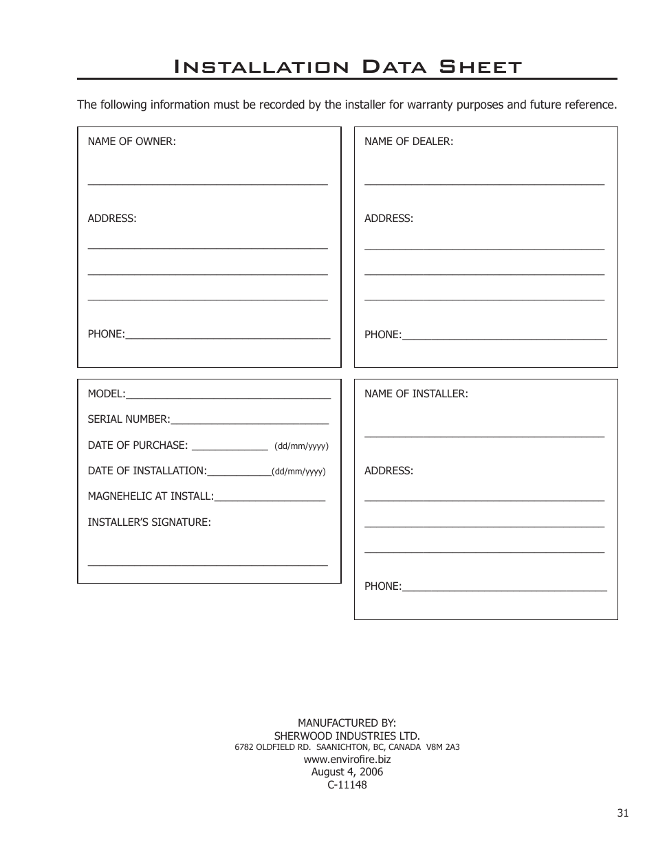 Installation data sheet | Enviro 50-1095 User Manual | Page 31 / 31