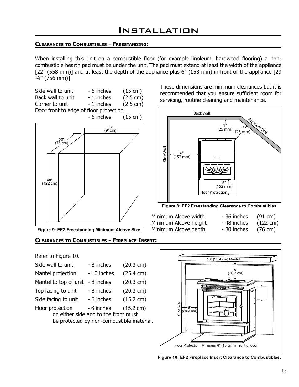 Clearances to combustibles - freestanding, Clearances to combustibles - fireplace insert, Installation | Enviro EF2 User Manual | Page 13 / 39