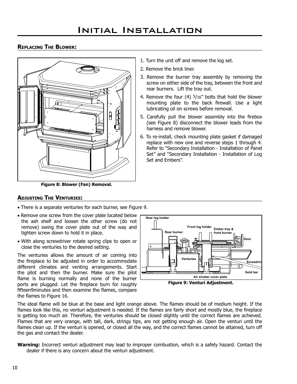 Removing the blower, Adjusting the venturies, Replacing the blower adjusting the venturies | Initial installation | Enviro EG40 BV User Manual | Page 10 / 23