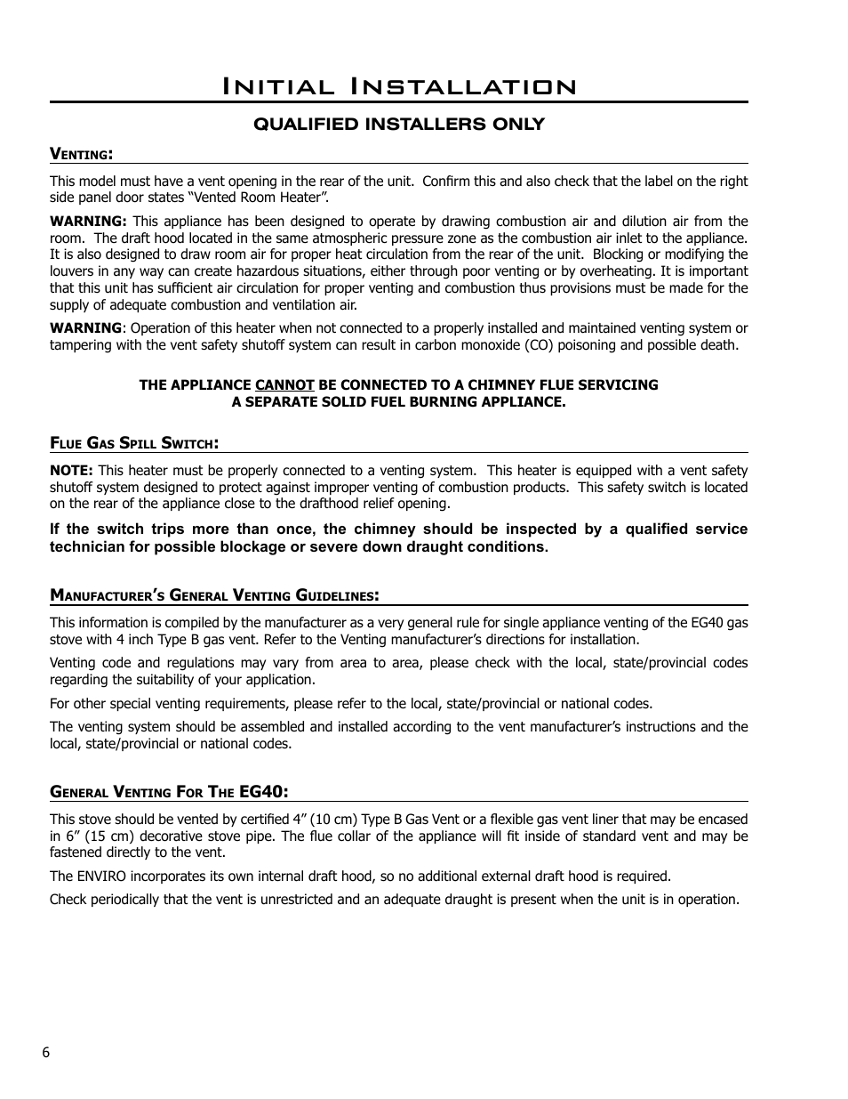 Initial installation, Venting, Flue gas spill switch | Manufacturer’s general venting guidelines, General venting for the eg40 | Enviro EG40 BV User Manual | Page 6 / 23