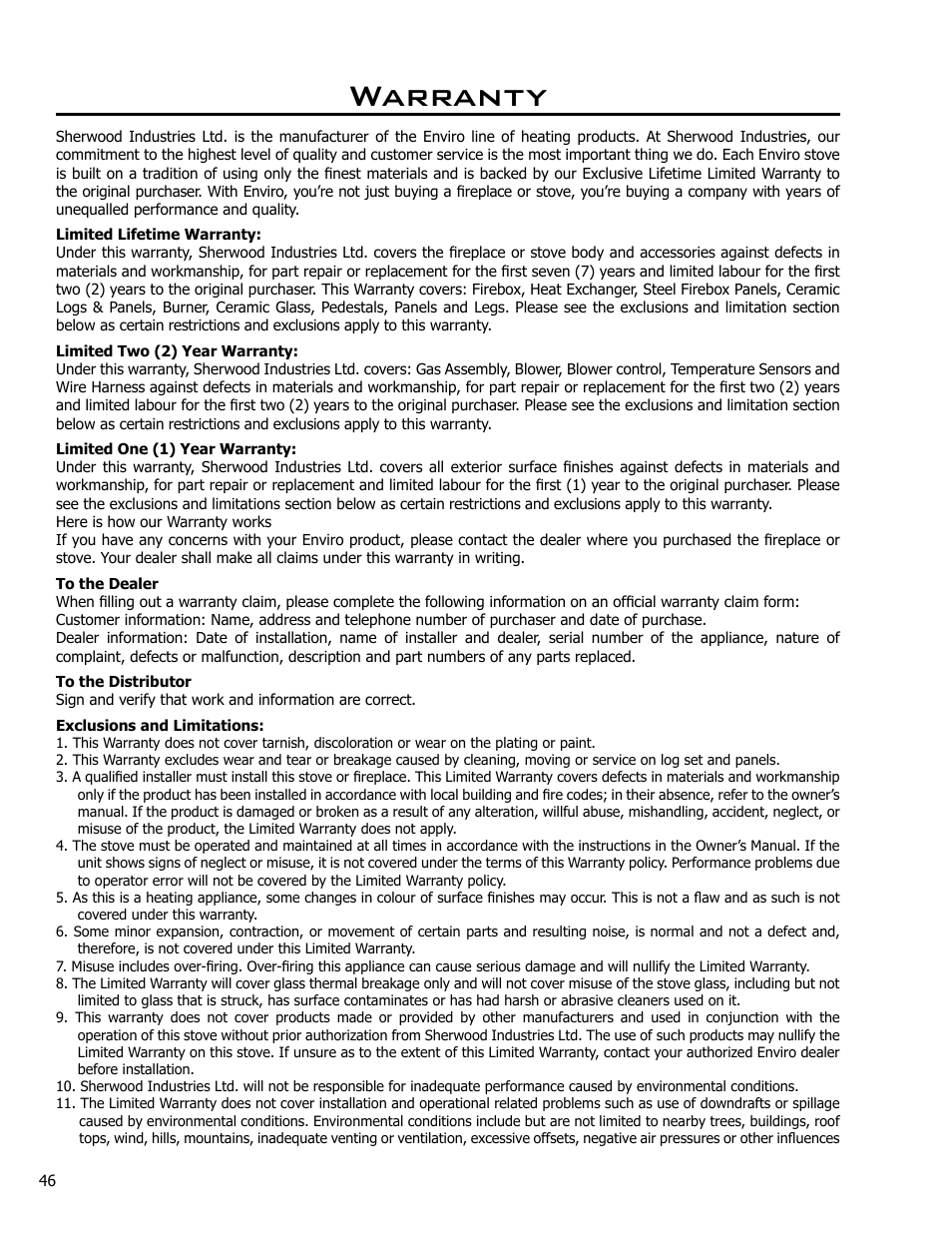 Warranty | Enviro Westport C-10381 User Manual | Page 46 / 48