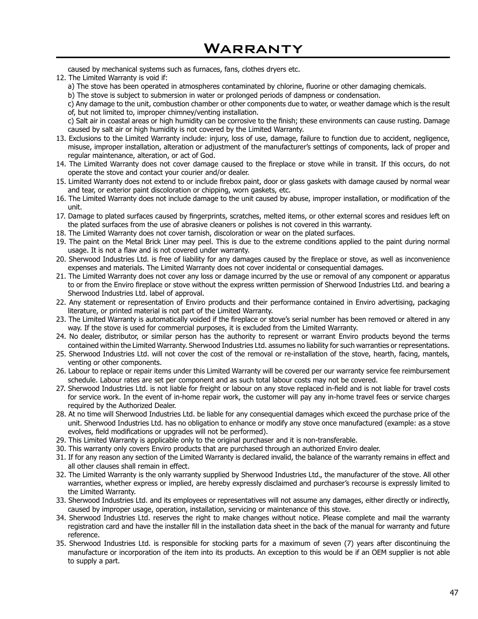 Warranty | Enviro Westport C-10381 User Manual | Page 47 / 48