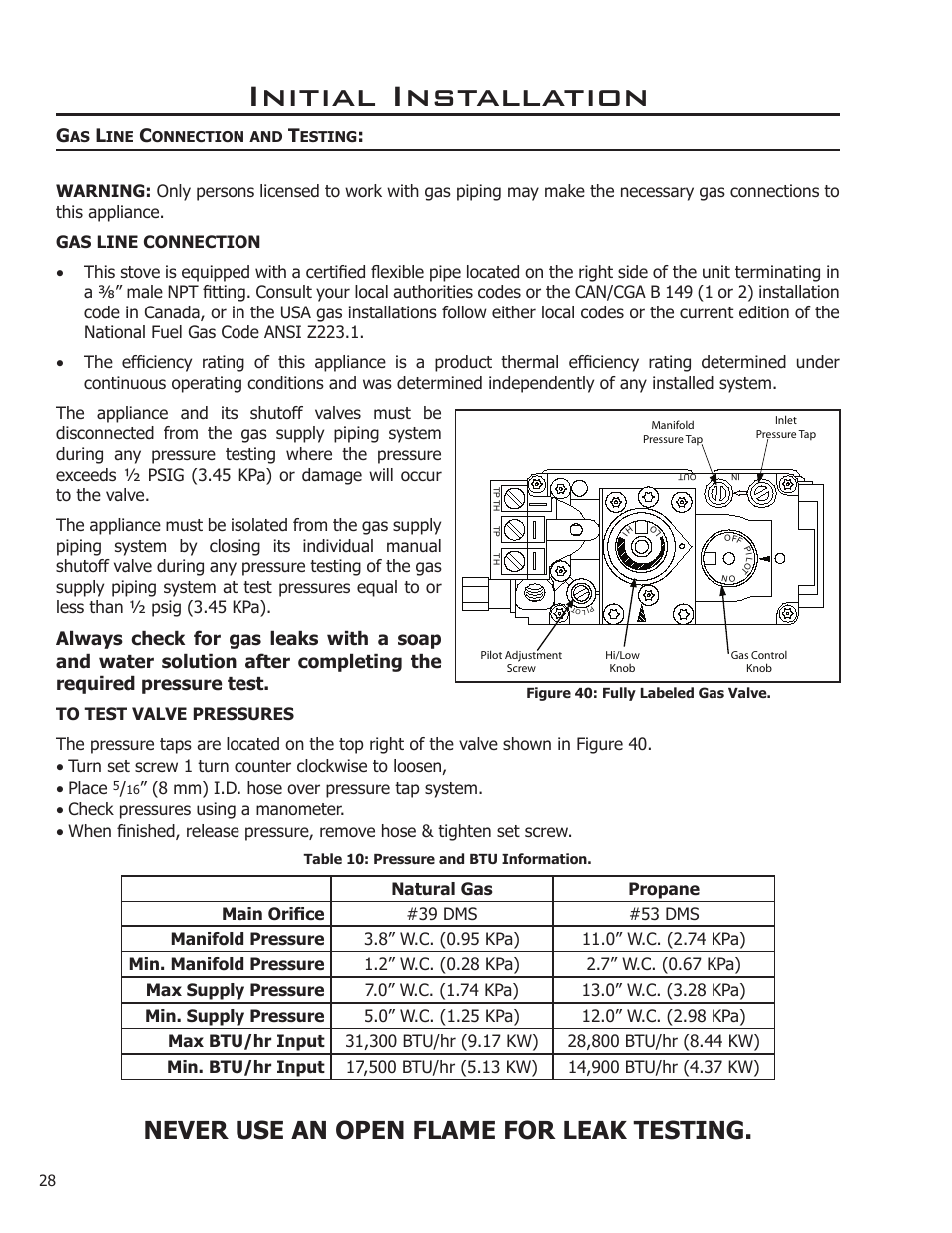 Initial installation, Never use an open flame for leak testing | Enviro DV36 User Manual | Page 28 / 40