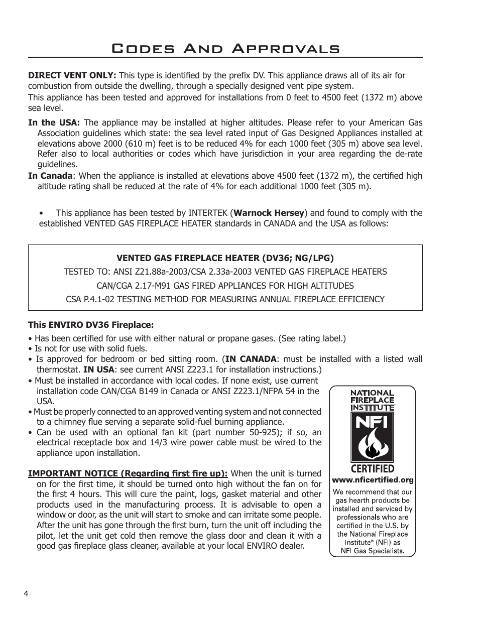 Codes and approvals | Enviro DV36 User Manual | Page 4 / 40