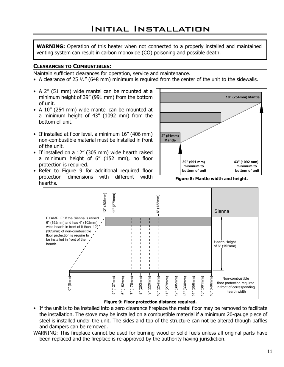 Initial installation, Clearances to combustibles | Enviro C-10637 User Manual | Page 11 / 31