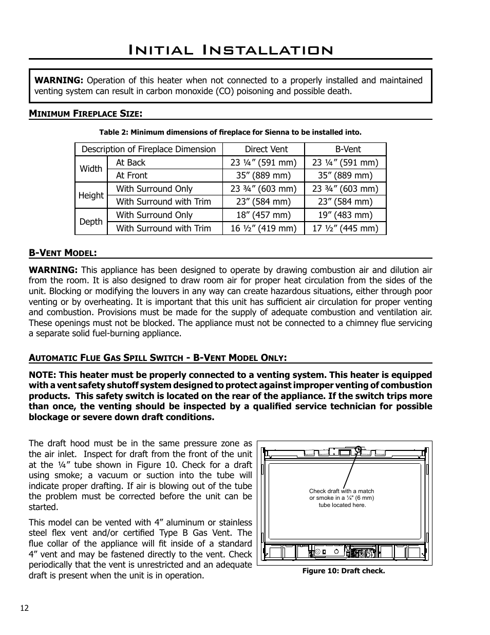 Minimum fireplace size, B-vent model, Initial installation | Enviro C-10637 User Manual | Page 12 / 31