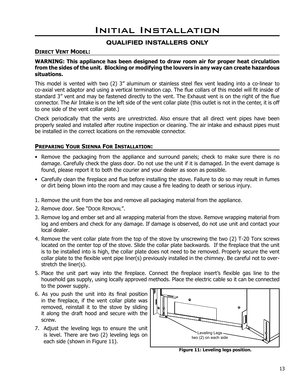 Direct vent model, Preparing your sienna for installation, Initial installation | Enviro C-10637 User Manual | Page 13 / 31