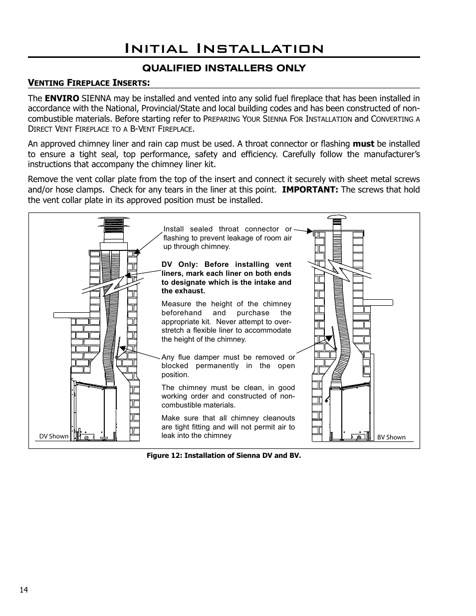 Venting fireplace inserts, Initial installation | Enviro C-10637 User Manual | Page 14 / 31