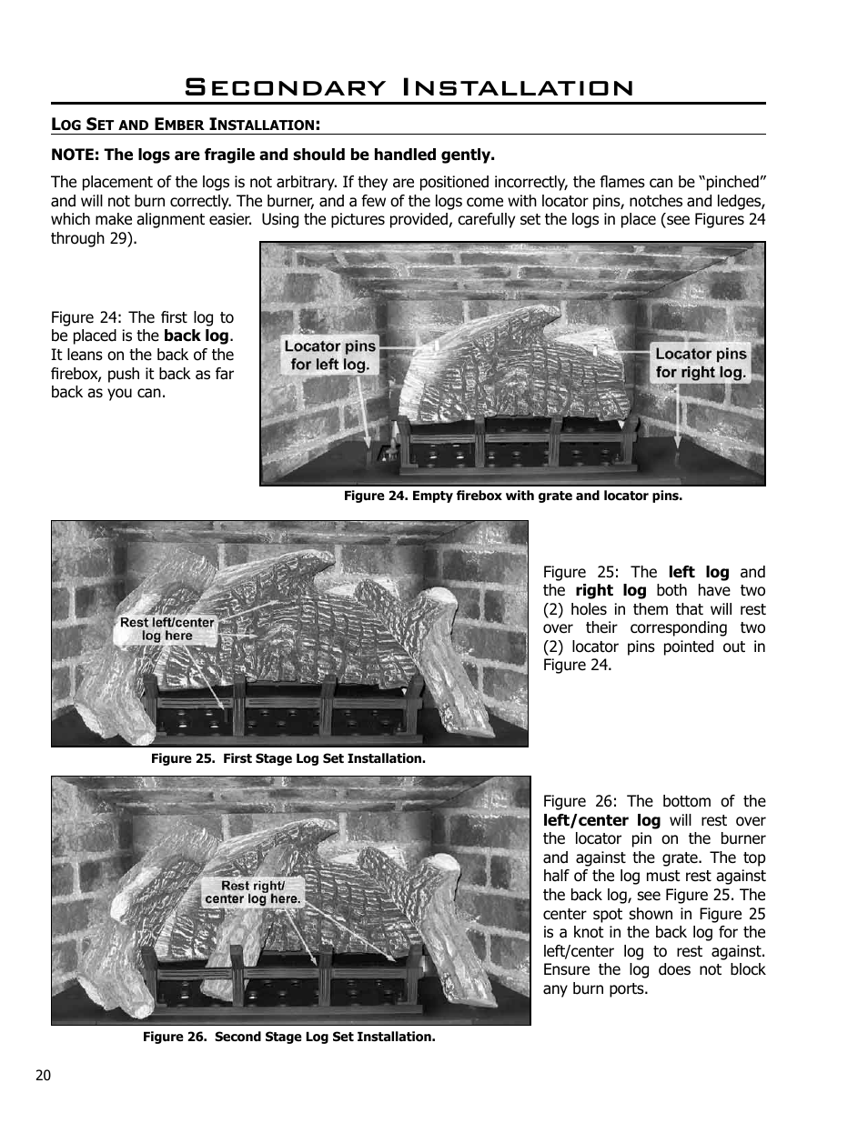 Log set and ember installation, Secondary installation | Enviro C-10637 User Manual | Page 20 / 31