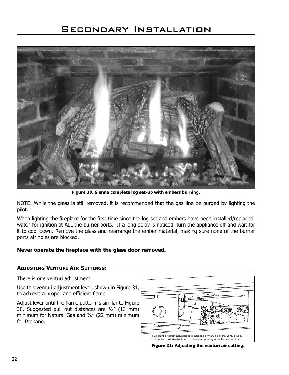 Adjusting venturi air settings, Secondary installation | Enviro C-10637 User Manual | Page 22 / 31