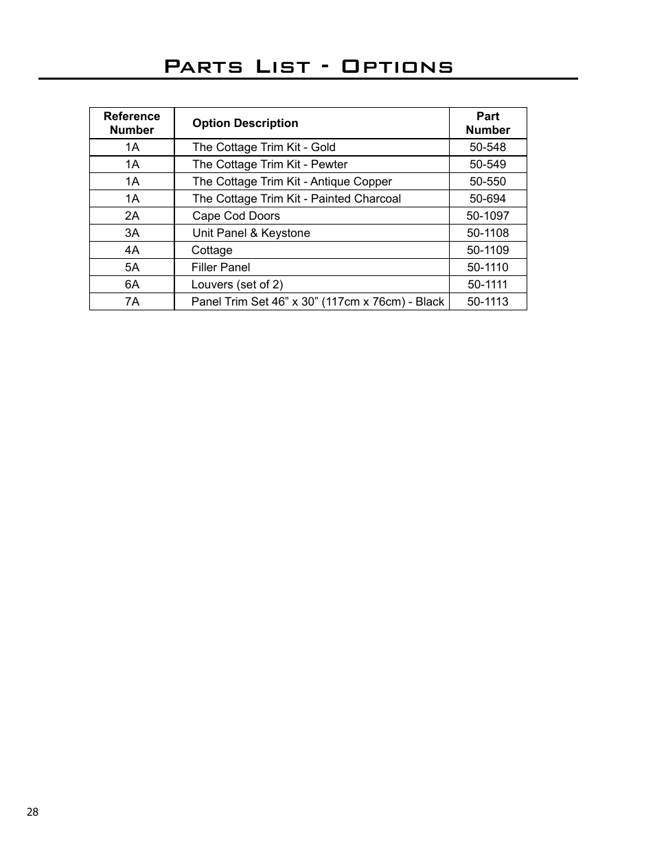 Parts list - options | Enviro C-10637 User Manual | Page 28 / 31