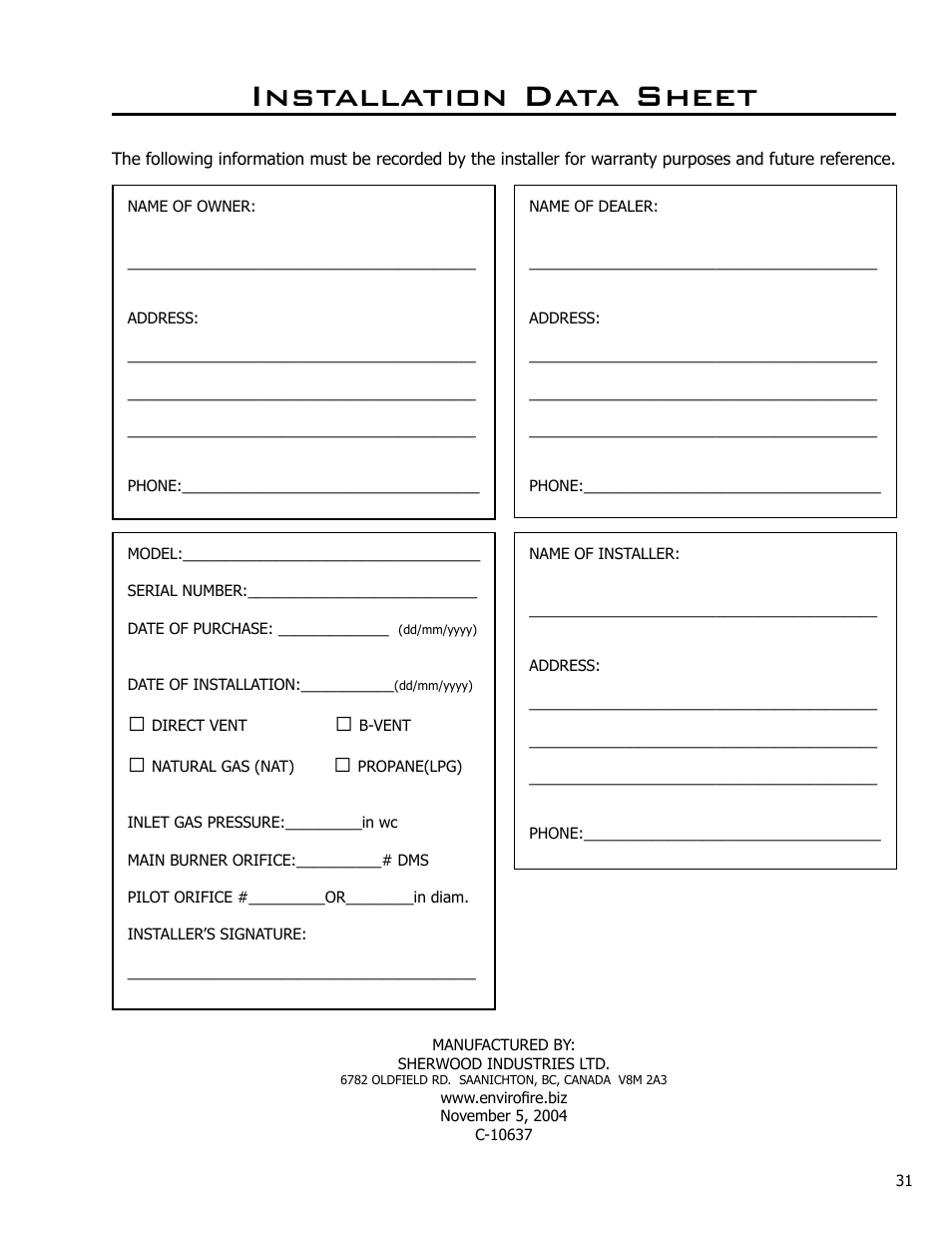 Installation data sheet | Enviro C-10637 User Manual | Page 31 / 31