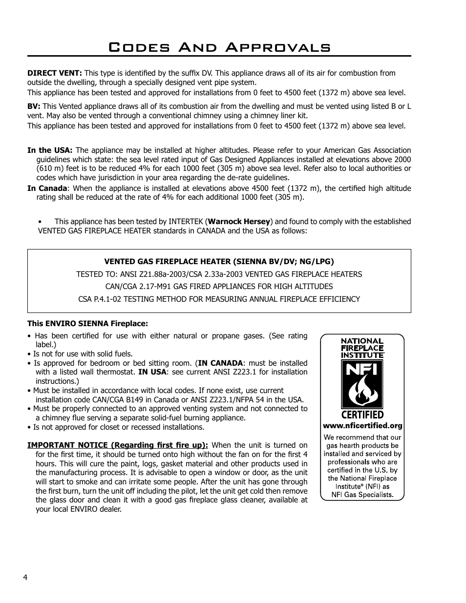 Codes and approvals | Enviro C-10637 User Manual | Page 4 / 31