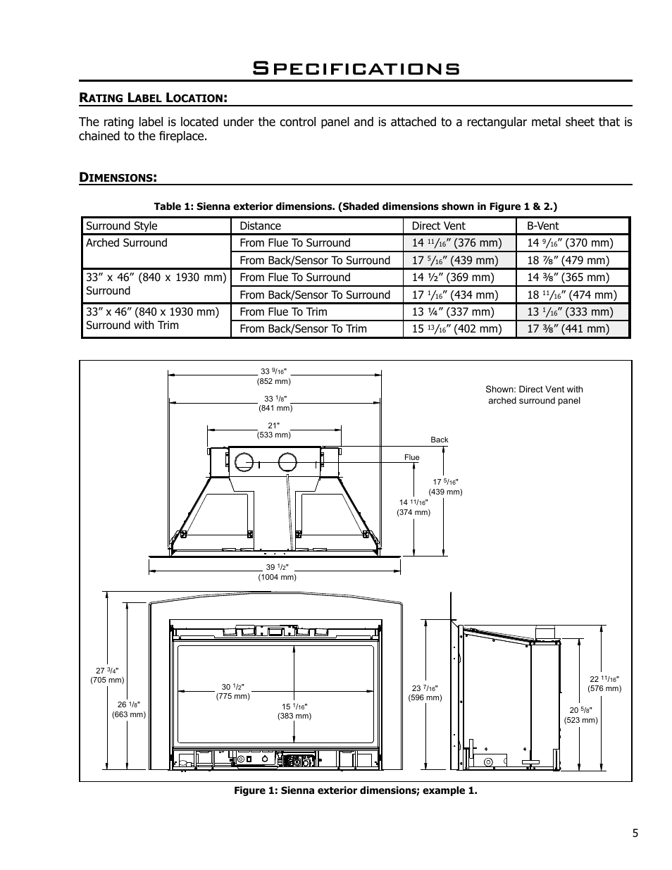 Specifications, Rating label location, Dimensions | Enviro C-10637 User Manual | Page 5 / 31