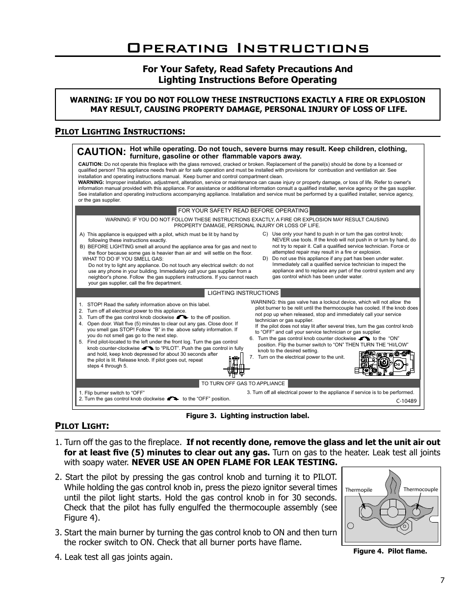 Operating instructions, Pilot lighting instructions, Pilot light | Caution | Enviro C-10637 User Manual | Page 7 / 31