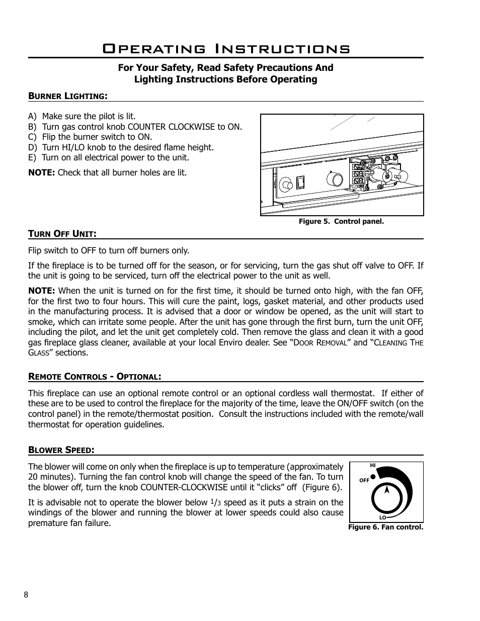 Burner lighting, Turn off unit, Remote controls - optional | Blower speed, Operating instructions | Enviro C-10637 User Manual | Page 8 / 31