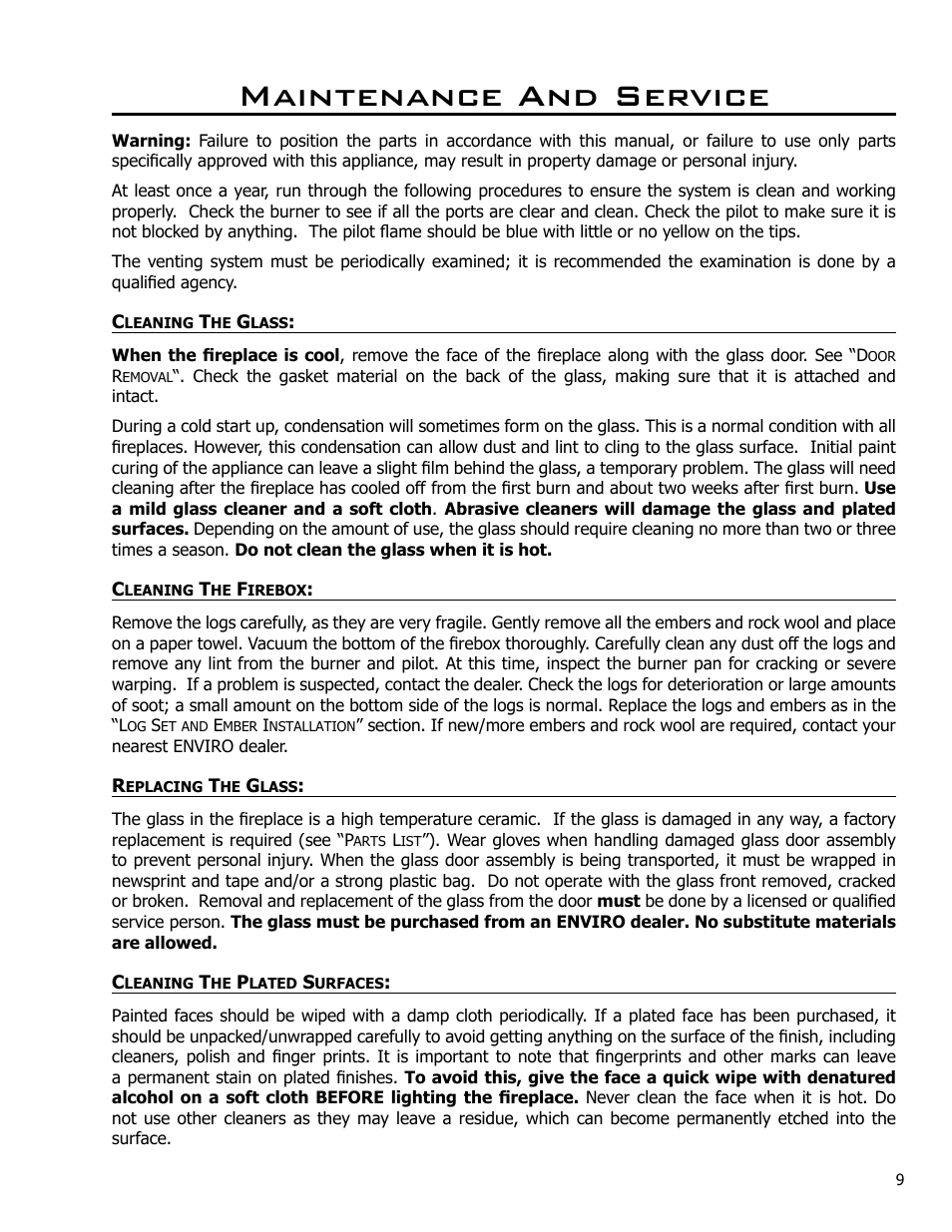 Maintenance and service, Cleaning the glass, Cleaning the firebox | Replacing the glass, Cleaning the plated surfaces | Enviro C-10637 User Manual | Page 9 / 31