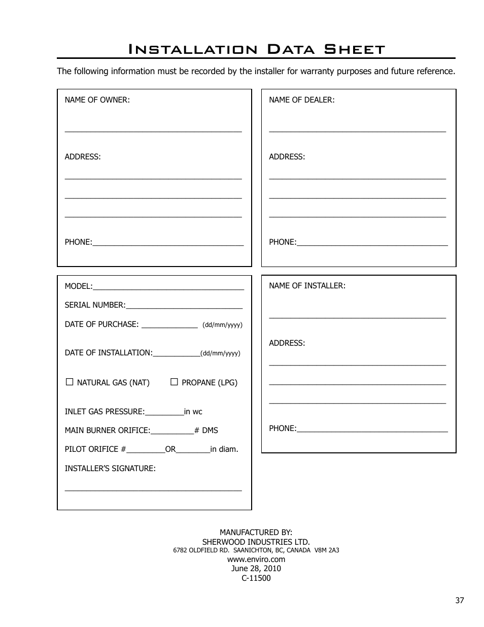 Installation data sheet | Enviro Cara DR C-11500 User Manual | Page 37 / 37