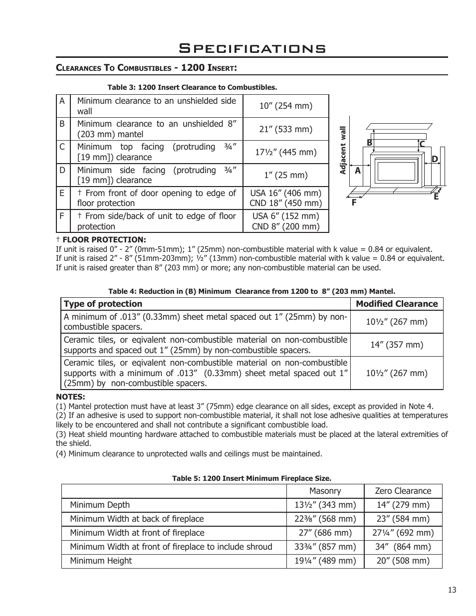 Clearances to combustibles - 1200 insert, Specifications | Enviro Kodiak 1200 Insert User Manual | Page 13 / 55