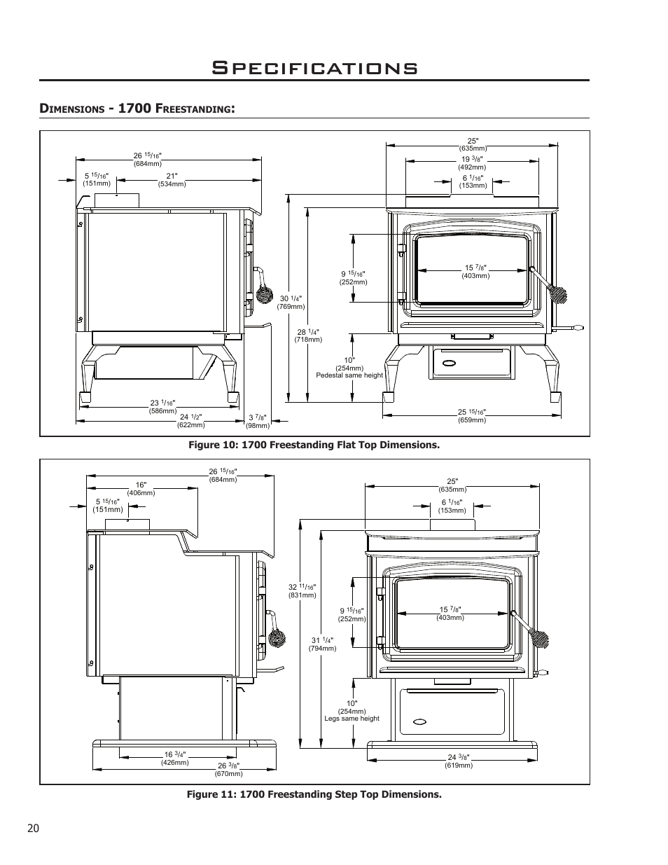 Dimensions - 1700 freestanding, Specifications, 1700 f | Enviro Kodiak 1200 Insert User Manual | Page 20 / 55