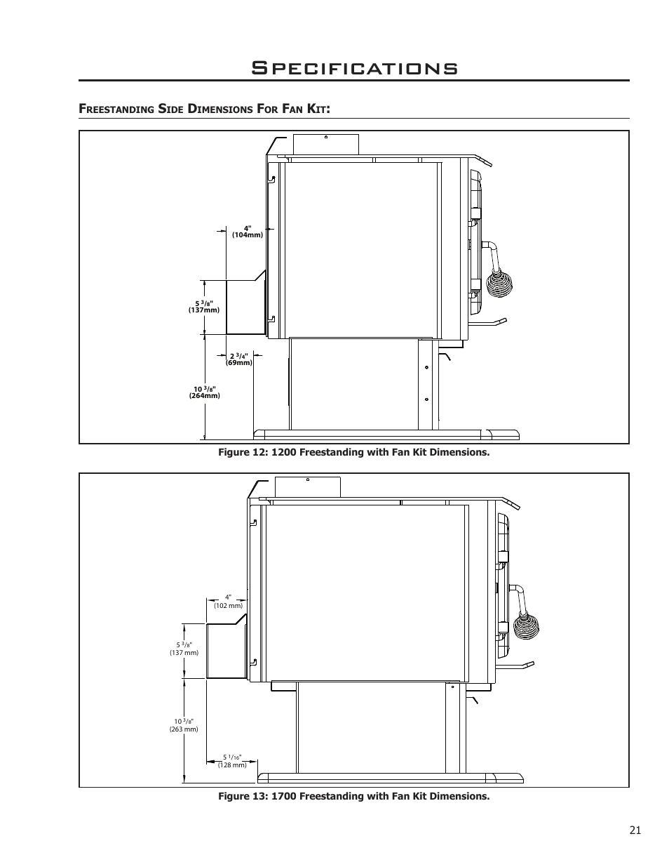 Freestanding side dimensions for fan kit, Specifications | Enviro Kodiak 1200 Insert User Manual | Page 21 / 55