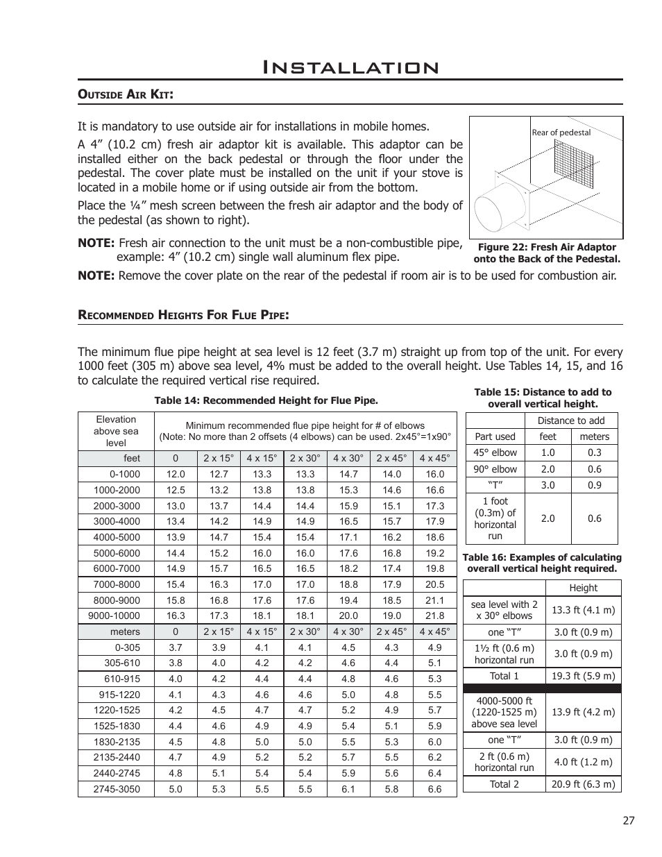 Outside air kit, Recommended heights for flue pipe, Installation | Enviro Kodiak 1200 Insert User Manual | Page 27 / 55