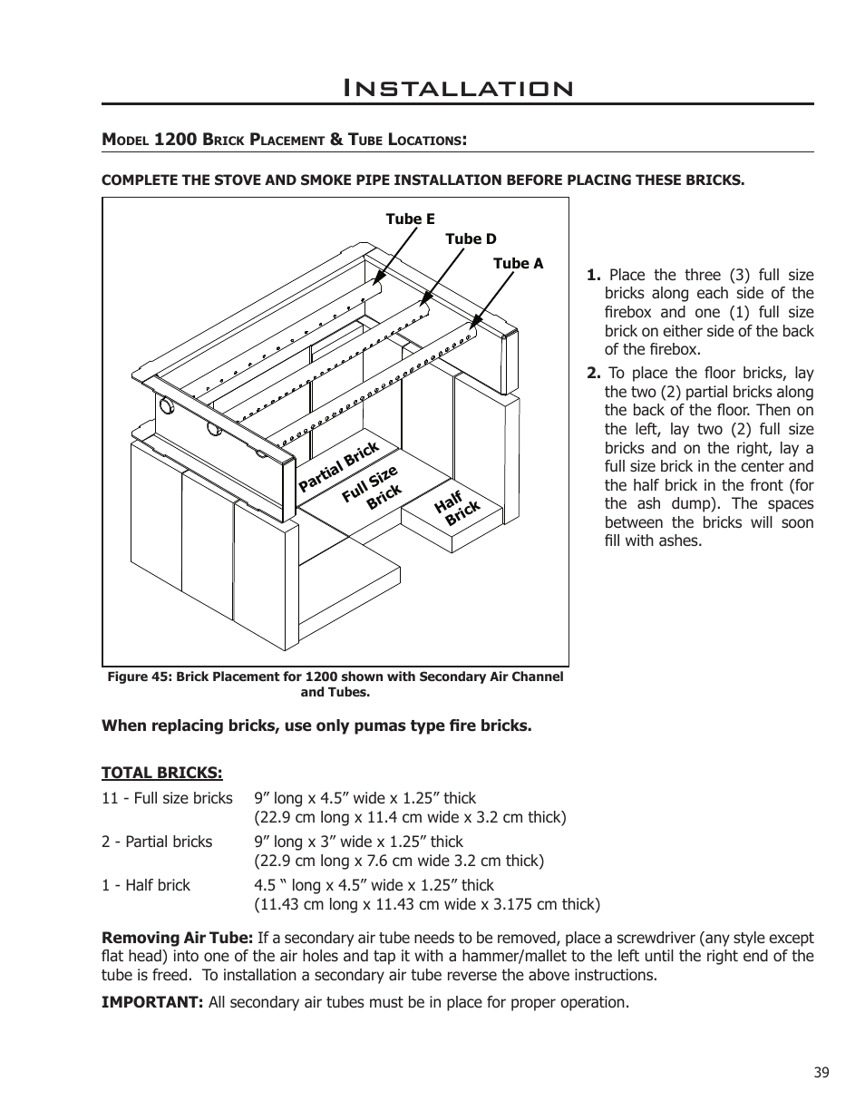 Model 1200 brick placement & tube locations, Installation | Enviro Kodiak 1200 Insert User Manual | Page 39 / 55