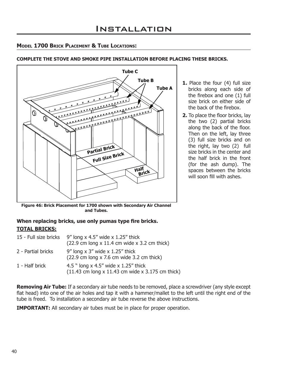 Model 1700 brick placement & tube locations, Installation | Enviro Kodiak 1200 Insert User Manual | Page 40 / 55