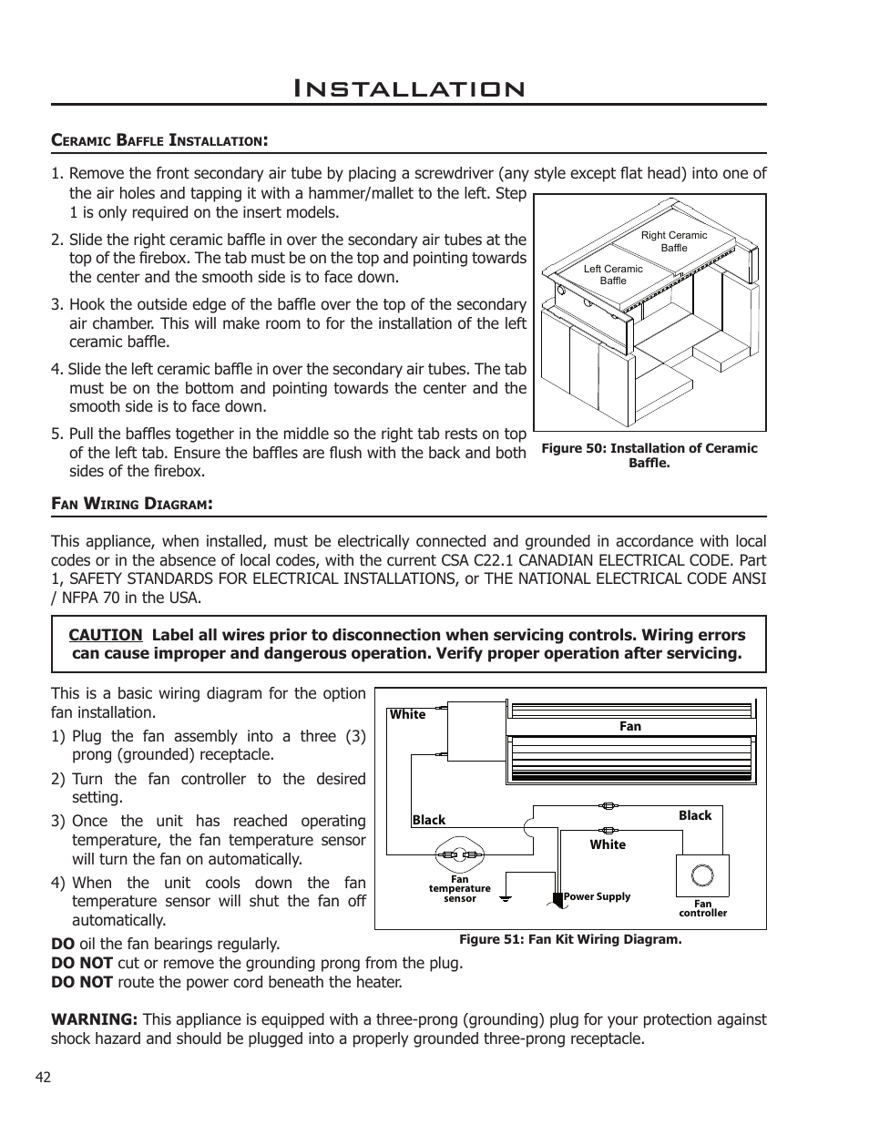 Ceramic baffle installation, Fan wiring diagram, Installation | Enviro Kodiak 1200 Insert User Manual | Page 42 / 55