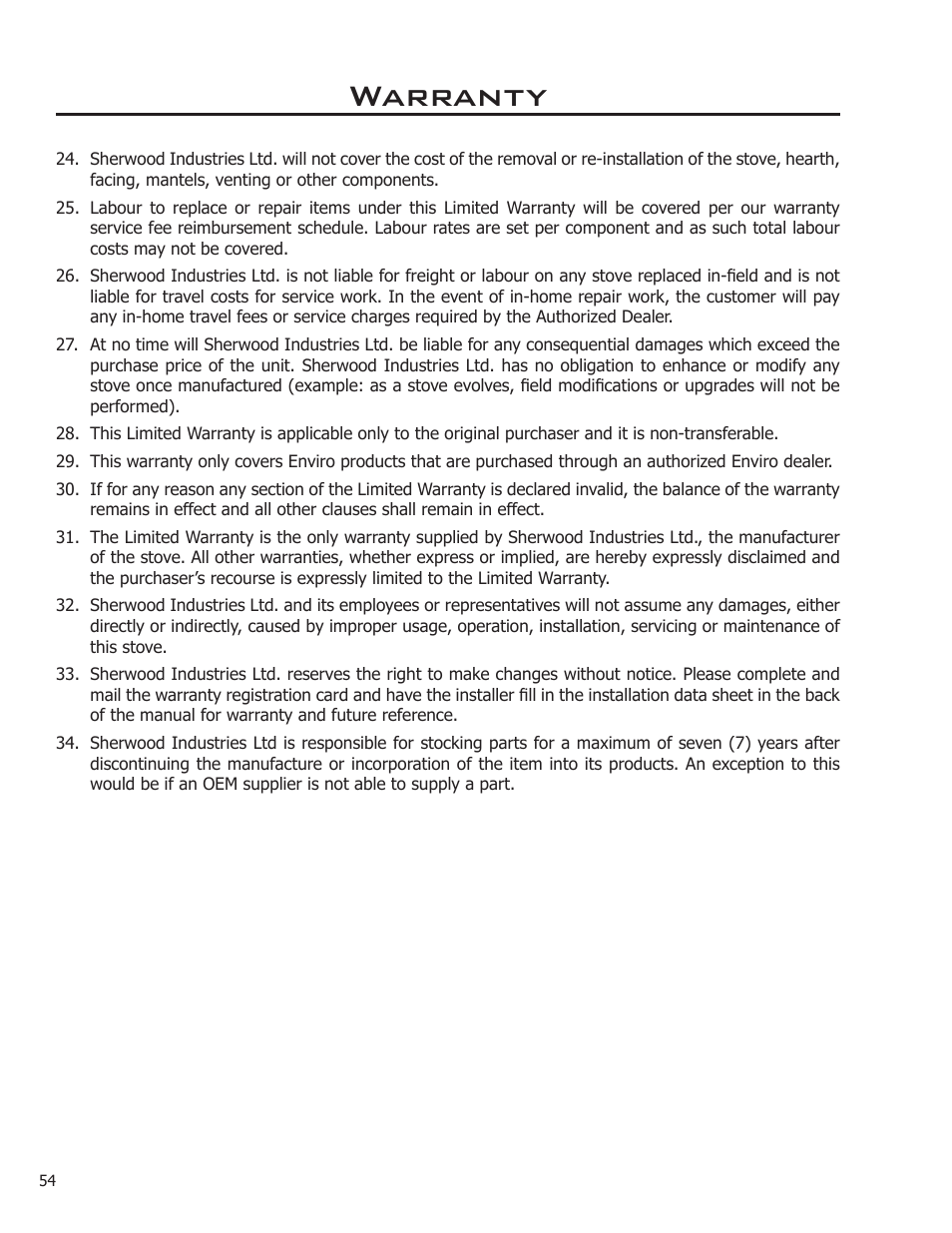 Warranty | Enviro Kodiak 1200 Insert User Manual | Page 54 / 55