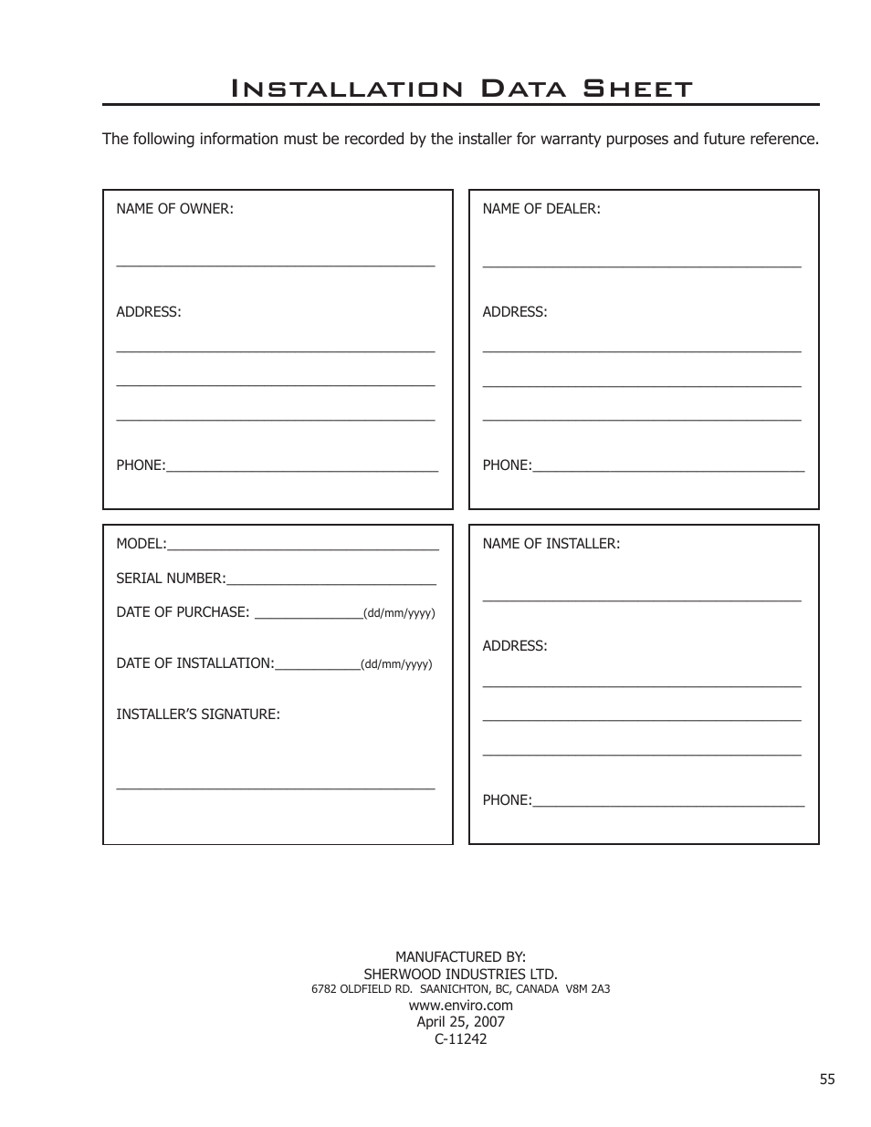 Installation data sheet | Enviro Kodiak 1200 Insert User Manual | Page 55 / 55