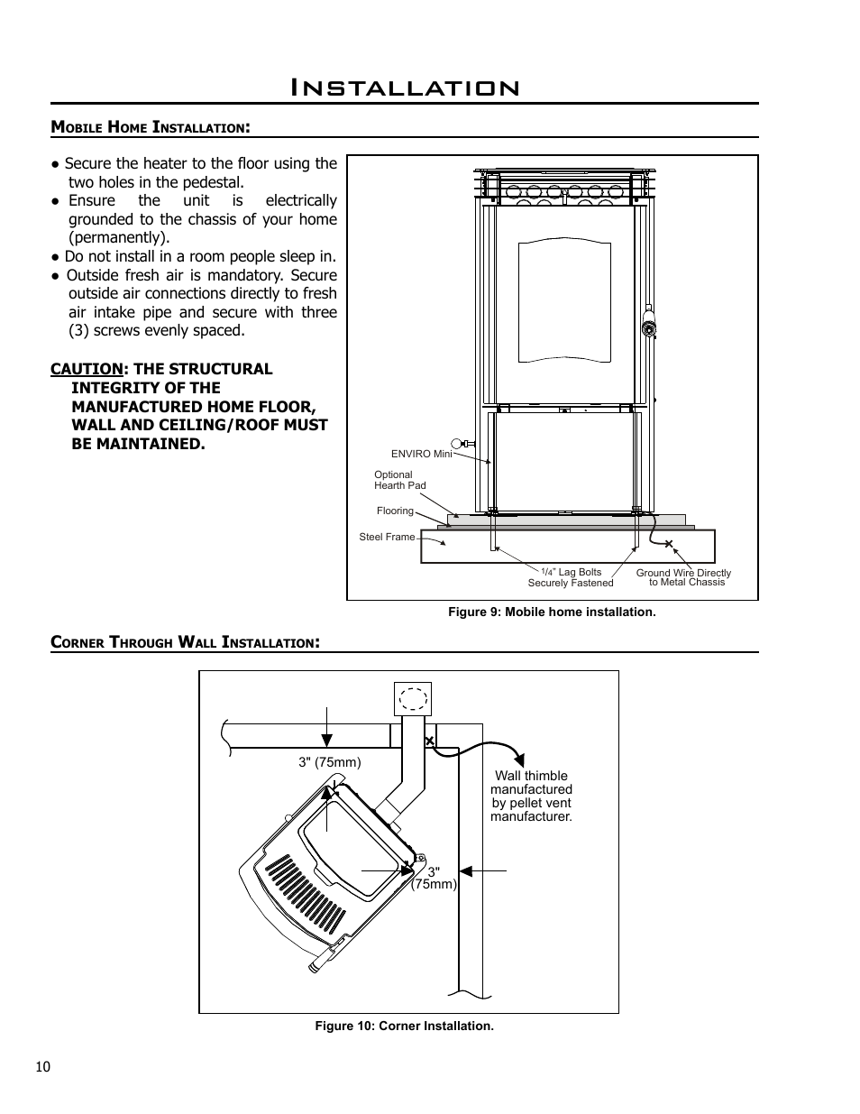 Mobile home installation, Corner through wall installation, Installation | Enviro C-10985 User Manual | Page 10 / 31