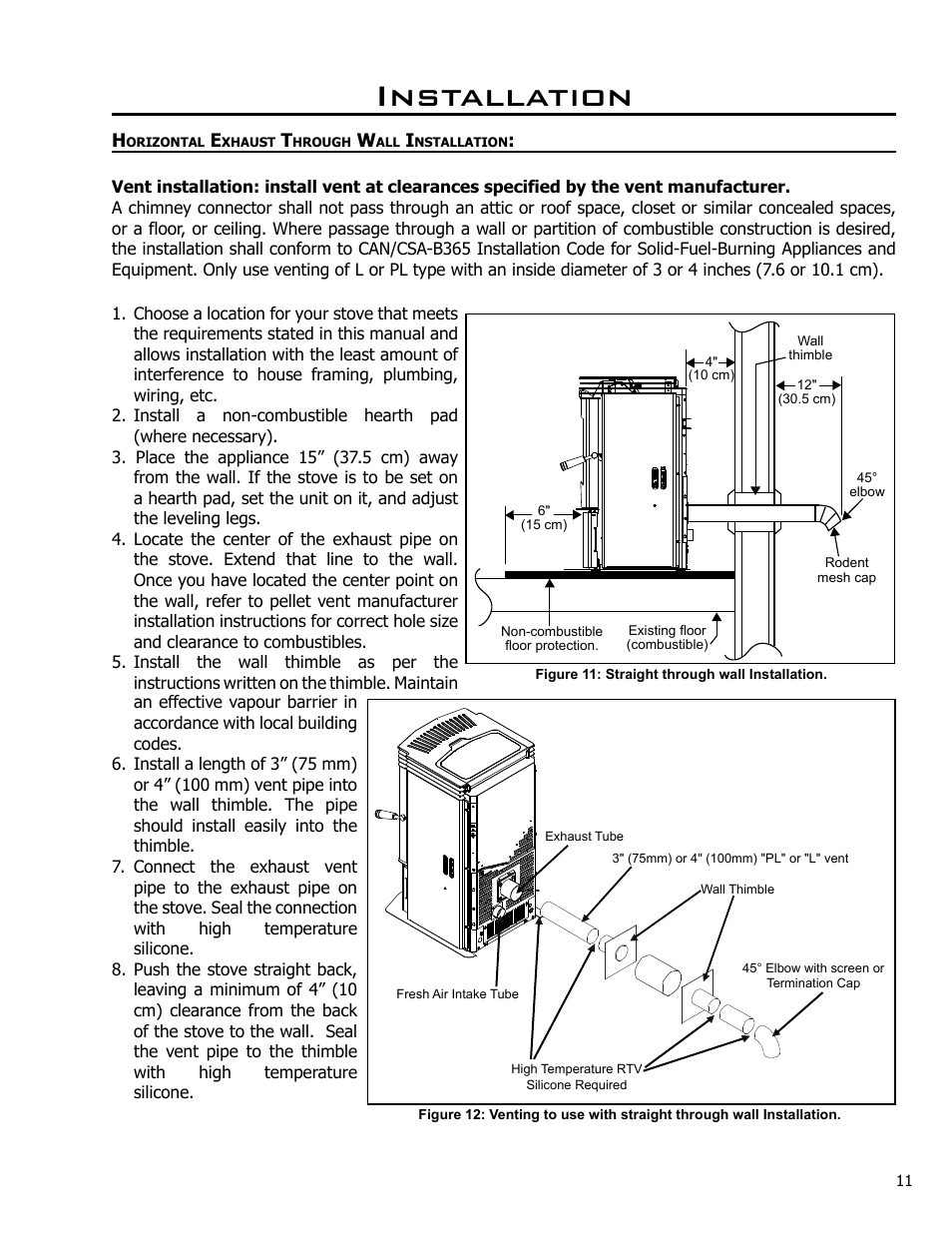 Horizontal exhaust through wall installation, Installation | Enviro C-10985 User Manual | Page 11 / 31