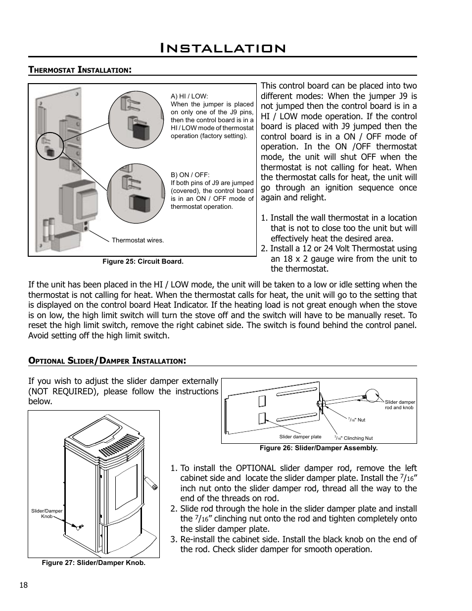 Thermostat installation, Optional slider/damper installation, Installation | Enviro C-10985 User Manual | Page 18 / 31