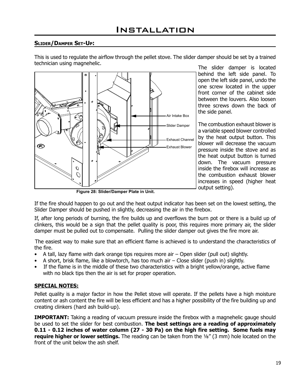 Slider/damper set-up, Installation | Enviro C-10985 User Manual | Page 19 / 31