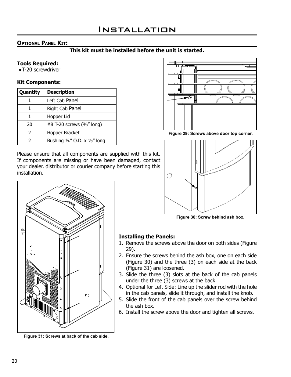 Optional panel kit, Installation | Enviro C-10985 User Manual | Page 20 / 31