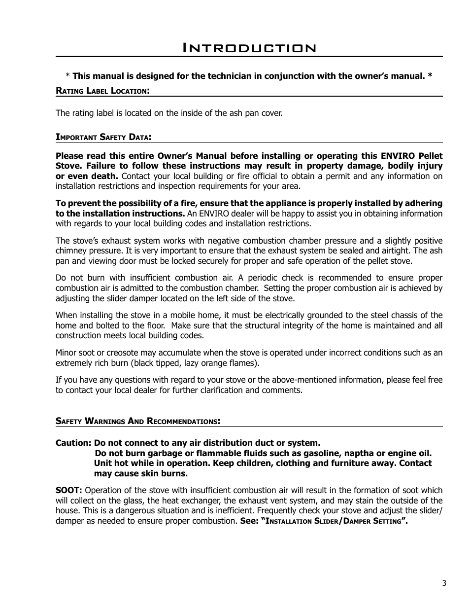 Introduction, Rating label location, Important safety data | Safety warnings and recommendations | Enviro C-10985 User Manual | Page 3 / 31