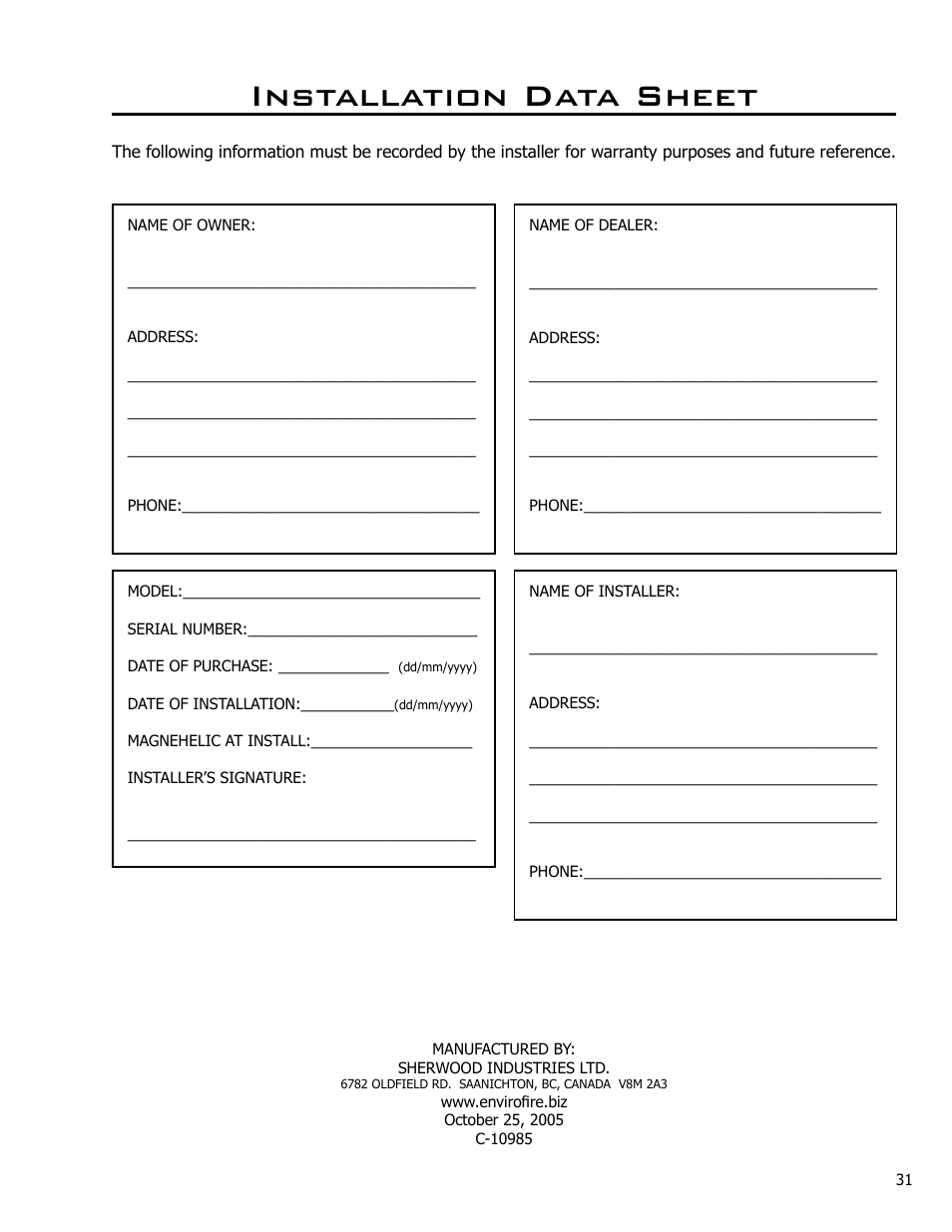 Installation data sheet | Enviro C-10985 User Manual | Page 31 / 31