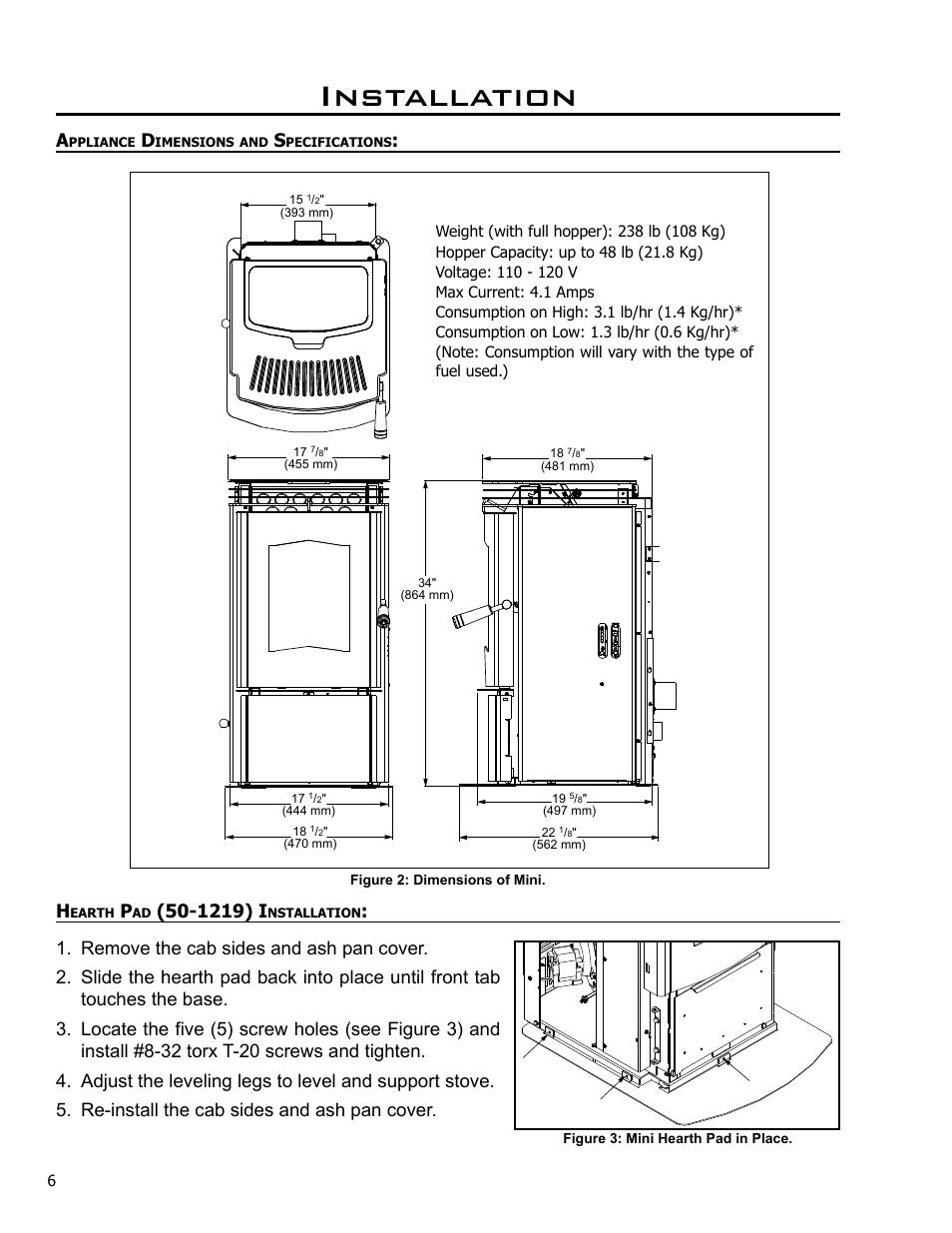 Appliance dimensions and specifications, Hearth pad (50-1219) installation, Installation | 1219) i | Enviro C-10985 User Manual | Page 6 / 31