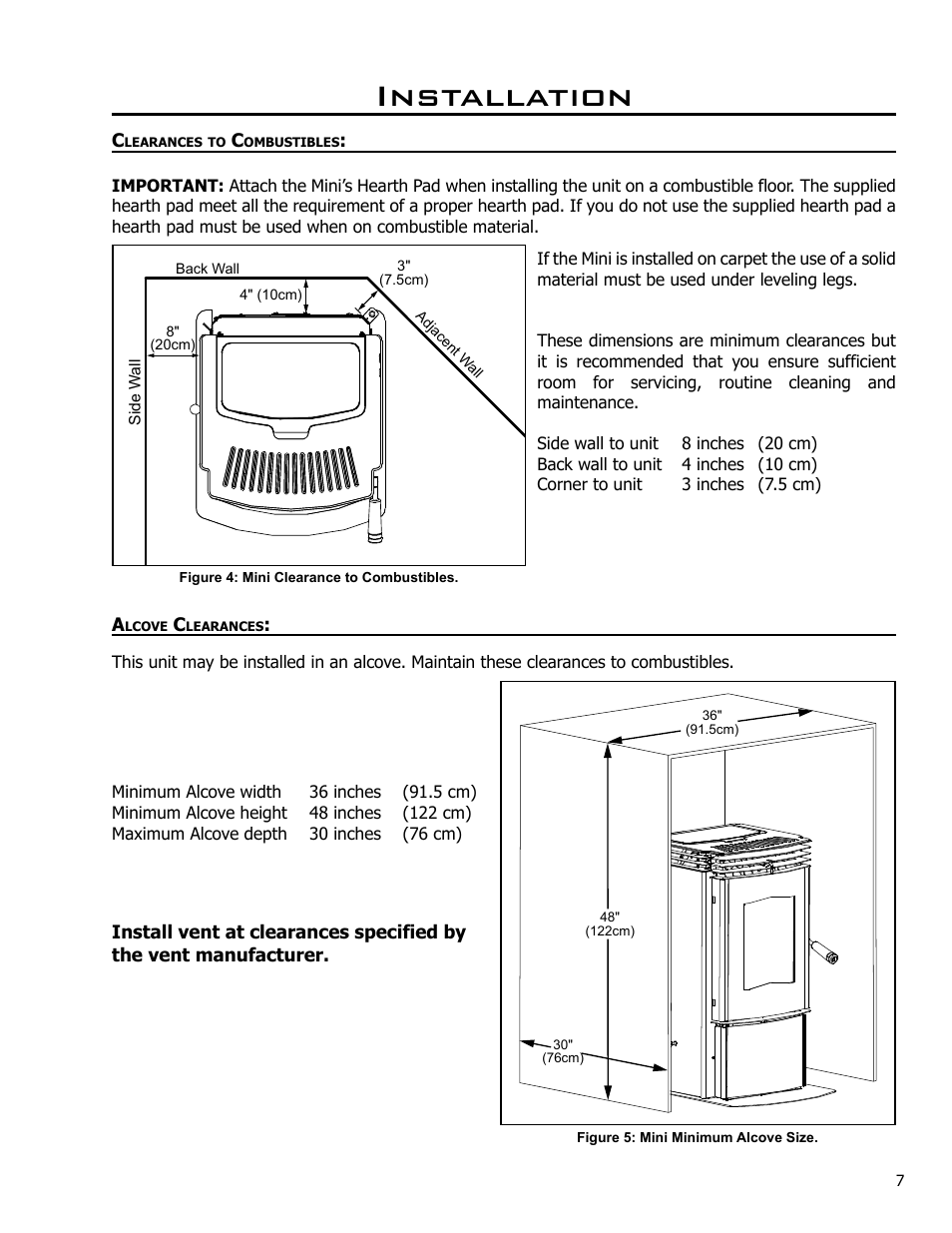 Clearances to combustibles, Alcove clearances, Installation | Enviro C-10985 User Manual | Page 7 / 31