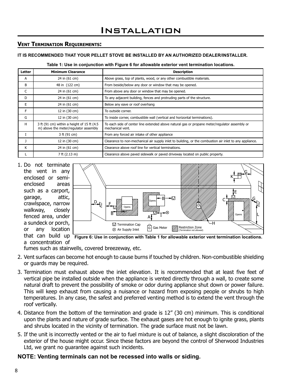 Vent termination requirements, Installation | Enviro C-10985 User Manual | Page 8 / 31